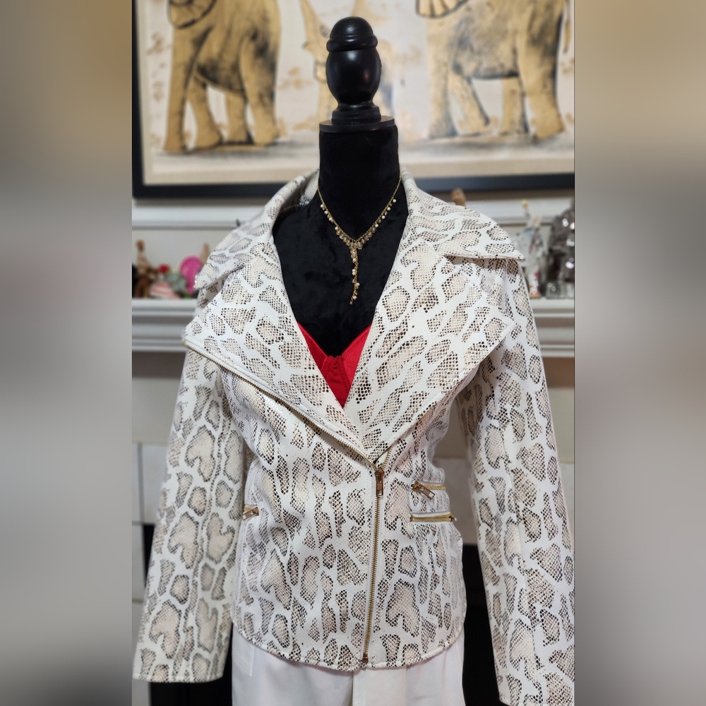 V Cristina Ivory Snake-Print Leather Moto Jacket with Gold Hardware